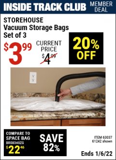 Harbor Freight ITC Coupon VACUUM STORAGE BAGS PACK OF THREE Lot No. 63037/61242/95613 Expired: 1/6/22 - $3.99