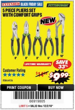 Harbor Freight Coupon 5-PIECE PLIERS SET WITH COMFORT GRIPS Lot No. 64136 Expired: 12/2/18 - $9.99