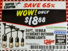 Harbor Freight Coupon 24FT., 18 BULB 12 SOCKET OUTDOOR STRING LIGHTS Lot No. 64486/63483 Expired: 12/31/18 - $18.88