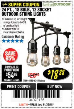 Harbor Freight Coupon 24FT., 18 BULB 12 SOCKET OUTDOOR STRING LIGHTS Lot No. 64486/63483 Expired: 11/30/18 - $18.88