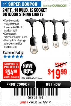 Harbor Freight Coupon 24FT., 18 BULB 12 SOCKET OUTDOOR STRING LIGHTS Lot No. 64486/63483 Expired: 3/3/19 - $19.99