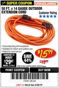 Harbor Freight Coupon 50 FT. x 14 GAUGE OUTDOOR EXTENSION CORD Lot No. 62923 Expired: 6/30/19 - $15.99