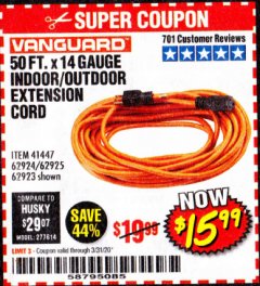 Harbor Freight Coupon 50 FT. x 14 GAUGE OUTDOOR EXTENSION CORD Lot No. 62923 Expired: 3/31/20 - $15.99