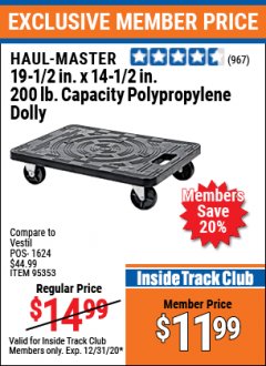 Harbor Freight ITC Coupon 19-1/2" X 14-1/2" POLYPROPYLENE DOLLY Lot No. 61164/61781/95353 Expired: 12/31/20 - $11.99