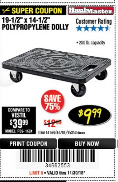 Harbor Freight Coupon 19-1/2" X 14-1/2" POLYPROPYLENE DOLLY Lot No. 61164/61781/95353 Expired: 11/30/18 - $9.99