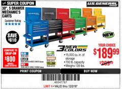 Harbor Freight Coupon 30", 5 DRAWER MECHANIC'S CARTS (ALL COLORS) Lot No. 64031/64030/64032/64033/64061/64060/64059/64721/64722/64720/56429 Expired: 12/2/18 - $189.99