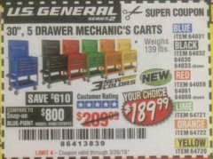 Harbor Freight Coupon 30", 5 DRAWER MECHANIC'S CARTS (ALL COLORS) Lot No. 64031/64030/64032/64033/64061/64060/64059/64721/64722/64720/56429 Expired: 3/26/19 - $189.99