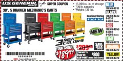 Harbor Freight Coupon 30", 5 DRAWER MECHANIC'S CARTS (ALL COLORS) Lot No. 64031/64030/64032/64033/64061/64060/64059/64721/64722/64720/56429 Expired: 4/1/19 - $189.99
