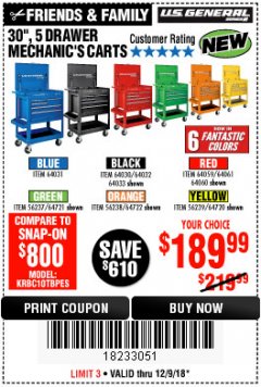 Harbor Freight Coupon 30", 5 DRAWER MECHANIC'S CARTS (ALL COLORS) Lot No. 64031/64030/64032/64033/64061/64060/64059/64721/64722/64720/56429 Expired: 12/9/18 - $189.99