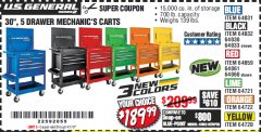 Harbor Freight Coupon 30", 5 DRAWER MECHANIC'S CARTS (ALL COLORS) Lot No. 64031/64030/64032/64033/64061/64060/64059/64721/64722/64720/56429 Expired: 4/1/19 - $189.99