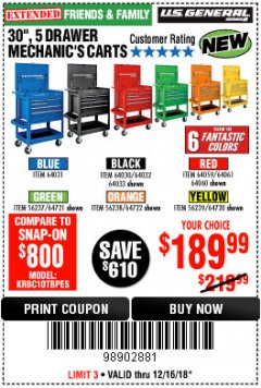 Harbor Freight Coupon 30", 5 DRAWER MECHANIC'S CARTS (ALL COLORS) Lot No. 64031/64030/64032/64033/64061/64060/64059/64721/64722/64720/56429 Expired: 12/16/18 - $189.99