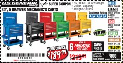 Harbor Freight Coupon 30", 5 DRAWER MECHANIC'S CARTS (ALL COLORS) Lot No. 64031/64030/64032/64033/64061/64060/64059/64721/64722/64720/56429 Expired: 5/1/19 - $189.99