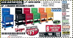 Harbor Freight Coupon 30", 5 DRAWER MECHANIC'S CARTS (ALL COLORS) Lot No. 64031/64030/64032/64033/64061/64060/64059/64721/64722/64720/56429 Expired: 5/22/19 - $189.99