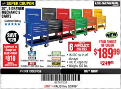 Harbor Freight Coupon 30", 5 DRAWER MECHANIC'S CARTS (ALL COLORS) Lot No. 64031/64030/64032/64033/64061/64060/64059/64721/64722/64720/56429 Expired: 3/24/19 - $189.99
