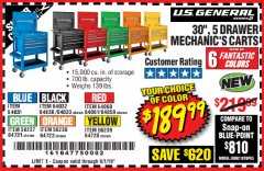 Harbor Freight Coupon 30", 5 DRAWER MECHANIC'S CARTS (ALL COLORS) Lot No. 64031/64030/64032/64033/64061/64060/64059/64721/64722/64720/56429 Expired: 6/1/19 - $189.99