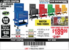 Harbor Freight Coupon 30", 5 DRAWER MECHANIC'S CARTS (ALL COLORS) Lot No. 64031/64030/64032/64033/64061/64060/64059/64721/64722/64720/56429 Expired: 4/28/19 - $189.99