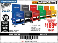 Harbor Freight Coupon 30", 5 DRAWER MECHANIC'S CARTS (ALL COLORS) Lot No. 64031/64030/64032/64033/64061/64060/64059/64721/64722/64720/56429 Expired: 5/27/19 - $189.99