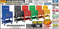 Harbor Freight Coupon 30", 5 DRAWER MECHANIC'S CARTS (ALL COLORS) Lot No. 64031/64030/64032/64033/64061/64060/64059/64721/64722/64720/56429 Expired: 10/3/19 - $189.99