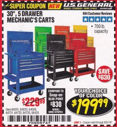 Harbor Freight Coupon 30", 5 DRAWER MECHANIC'S CARTS (ALL COLORS) Lot No. 64031/64030/64032/64033/64061/64060/64059/64721/64722/64720/56429 Expired: 8/31/19 - $199.99