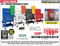 Harbor Freight Coupon 30", 5 DRAWER MECHANIC'S CARTS (ALL COLORS) Lot No. 64031/64030/64032/64033/64061/64060/64059/64721/64722/64720/56429 Expired: 1/26/20 - $199.99