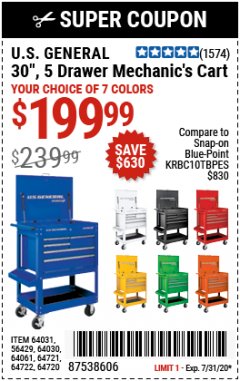 Harbor Freight Coupon 30", 5 DRAWER MECHANIC'S CARTS (ALL COLORS) Lot No. 64031/64030/64032/64033/64061/64060/64059/64721/64722/64720/56429 Expired: 7/31/20 - $199.99