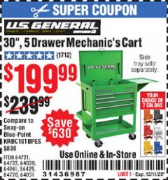 Harbor Freight Coupon 30", 5 DRAWER MECHANIC'S CARTS (ALL COLORS) Lot No. 64031/64030/64032/64033/64061/64060/64059/64721/64722/64720/56429 Expired: 12/11/20 - $199.99