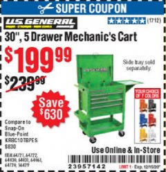 Harbor Freight Coupon 30", 5 DRAWER MECHANIC'S CARTS (ALL COLORS) Lot No. 64031/64030/64032/64033/64061/64060/64059/64721/64722/64720/56429 Expired: 12/3/20 - $199.99