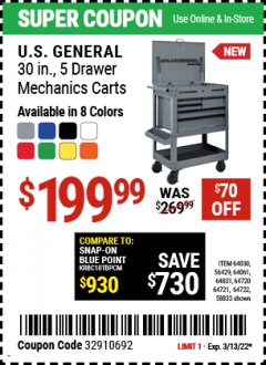 Harbor Freight Coupon 30", 5 DRAWER MECHANIC'S CARTS (ALL COLORS) Lot No. 64031/64030/64032/64033/64061/64060/64059/64721/64722/64720/56429 Expired: 3/13/22 - $199.99