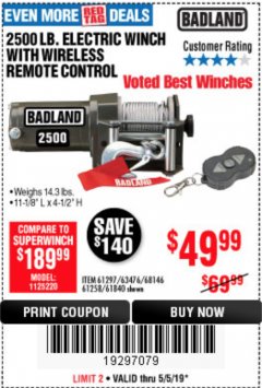 Harbor Freight Coupon 2500 LB. ELECTRIC WINCH Lot No. 61297 Expired: 5/5/19 - $49.99