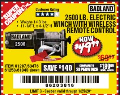 Harbor Freight Coupon 2500 LB. ELECTRIC WINCH Lot No. 61297 Expired: 1/25/20 - $49.99