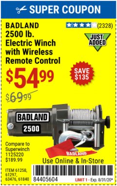 Harbor Freight Coupon 2500 LB. ELECTRIC WINCH Lot No. 61297 Expired: 8/31/20 - $54.99
