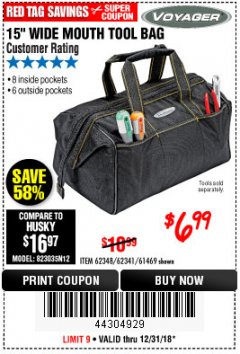 Harbor Freight Coupon VOYAGER 15" WIDE MOUTH TOOL BAG Lot No. 62348/62341/61469 Expired: 12/31/18 - $6.99