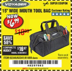 Harbor Freight Coupon VOYAGER 15" WIDE MOUTH TOOL BAG Lot No. 62348/62341/61469 Expired: 5/4/19 - $6.99