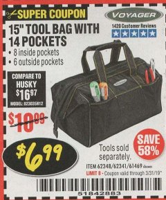 Harbor Freight Coupon VOYAGER 15" WIDE MOUTH TOOL BAG Lot No. 62348/62341/61469 Expired: 3/31/19 - $6.99