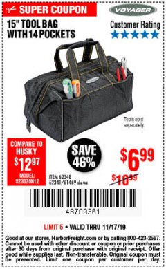 Harbor Freight Coupon VOYAGER 15" WIDE MOUTH TOOL BAG Lot No. 62348/62341/61469 Expired: 11/17/19 - $6.99