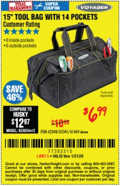 Harbor Freight Coupon VOYAGER 15" WIDE MOUTH TOOL BAG Lot No. 62348/62341/61469 Expired: 1/31/20 - $6.99