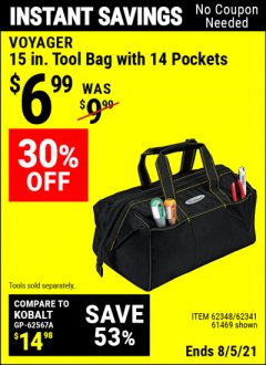 Harbor Freight Coupon VOYAGER 15" WIDE MOUTH TOOL BAG Lot No. 62348/62341/61469 Expired: 8/5/21 - $6.99