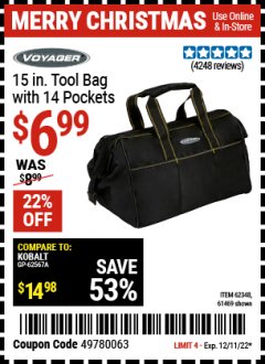 Harbor Freight Coupon VOYAGER 15" WIDE MOUTH TOOL BAG Lot No. 62348/62341/61469 Expired: 12/11/22 - $6.99