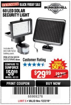Harbor Freight Coupon 60 LED SOLAR SECURITY LIGHT Lot No. 60524/62534/56213/69643/93661 Expired: 12/2/18 - $29.99