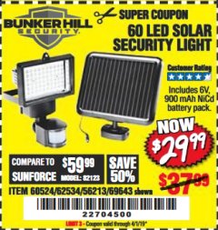 Harbor Freight Coupon 60 LED SOLAR SECURITY LIGHT Lot No. 60524/62534/56213/69643/93661 Expired: 4/1/19 - $29.99