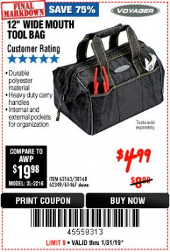 Harbor Freight Coupon VOYAGER 12" WIDE MOUTH TOOL BAG Lot No. 38168/62163/62349/61467 Expired: 1/31/19 - $4.99