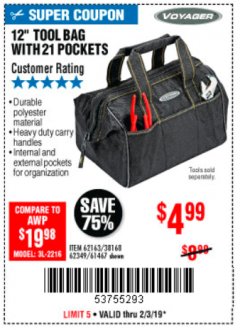 Harbor Freight Coupon VOYAGER 12" WIDE MOUTH TOOL BAG Lot No. 38168/62163/62349/61467 Expired: 2/3/19 - $4.99