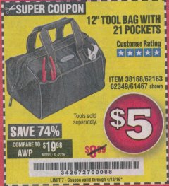 Harbor Freight Coupon VOYAGER 12" WIDE MOUTH TOOL BAG Lot No. 38168/62163/62349/61467 Expired: 4/13/19 - $5