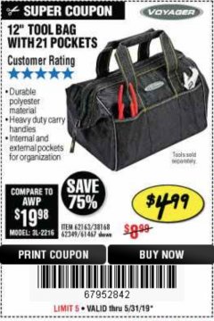 Harbor Freight Coupon VOYAGER 12" WIDE MOUTH TOOL BAG Lot No. 38168/62163/62349/61467 Expired: 5/31/19 - $4.99