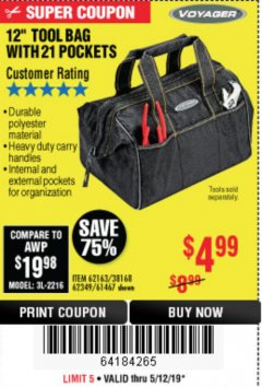 Harbor Freight Coupon VOYAGER 12" WIDE MOUTH TOOL BAG Lot No. 38168/62163/62349/61467 Expired: 5/12/19 - $4.99