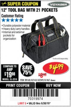 Harbor Freight Coupon VOYAGER 12" WIDE MOUTH TOOL BAG Lot No. 38168/62163/62349/61467 Expired: 6/30/19 - $4.99