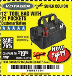 Harbor Freight Coupon VOYAGER 12" WIDE MOUTH TOOL BAG Lot No. 38168/62163/62349/61467 Expired: 8/12/19 - $4.99