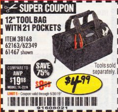 Harbor Freight Coupon VOYAGER 12" WIDE MOUTH TOOL BAG Lot No. 38168/62163/62349/61467 Expired: 6/17/19 - $4.99