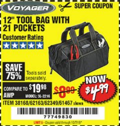 Harbor Freight Coupon VOYAGER 12" WIDE MOUTH TOOL BAG Lot No. 38168/62163/62349/61467 Expired: 10/1/19 - $4.99