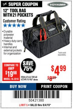 Harbor Freight Coupon VOYAGER 12" WIDE MOUTH TOOL BAG Lot No. 38168/62163/62349/61467 Expired: 8/4/19 - $4.99